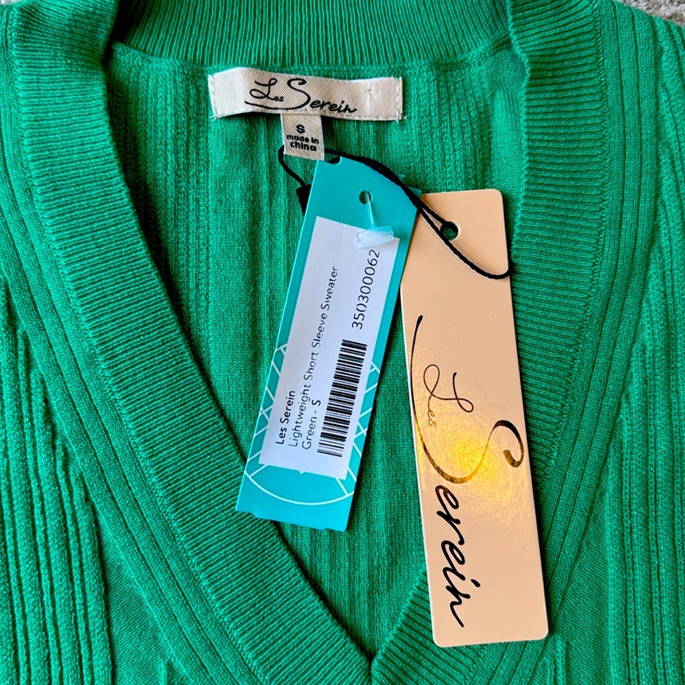 Les Serein Apple Green Ribbed V-Neck Short Sleeve Sweater Women's Small NWT - Picture 3 of 9